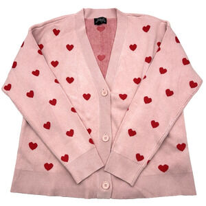 Abbott Elementary Volume 1 Pink Red Hearts Tight Knit V-neck Cardigan Women's L